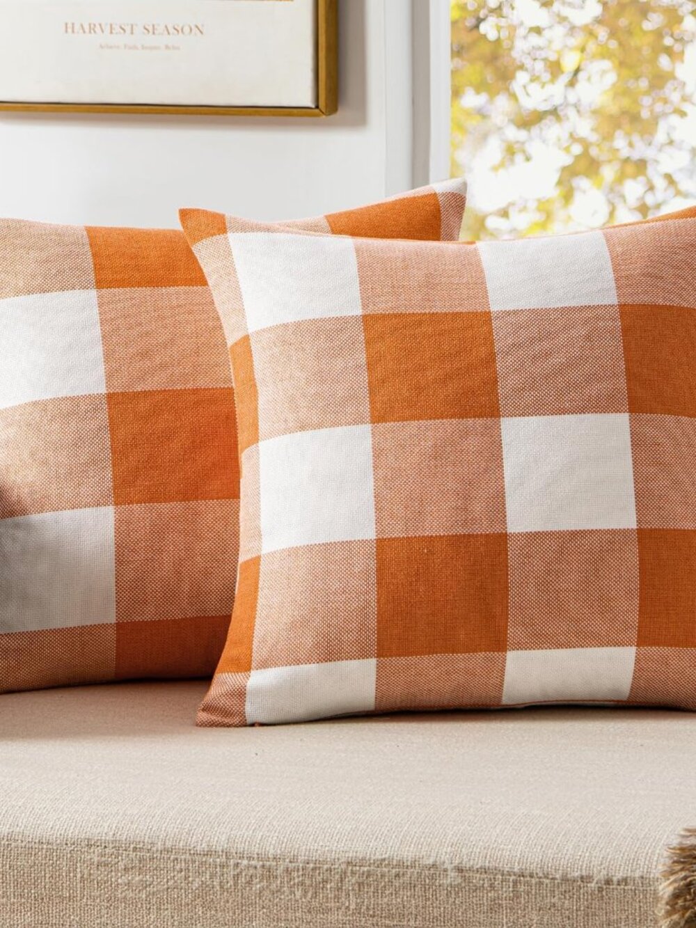 Fall Plaid Pillow Covers 18x18 Orange and White Pack of 2